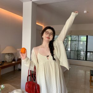 White Thin Knit Cardigan for Women - Soft, Sun-Protective Layering Item, Slightly Chubby, Misty Girl Style