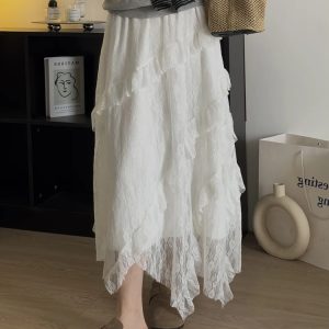 White Tulle Half-Length Skirt for Women, Plus-Size Irregular Design, Mid-Length Lace Skirt to Flatter Hips, 2025 Style
