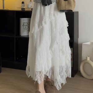 White Tulle Half-Length Skirt for Women, Plus-Size Irregular Design, Mid-Length Lace Skirt to Flatter Hips, 2025 Style