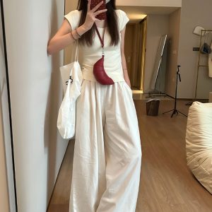 White Wide-Leg Casual Pants for Women - Summer 2025 Thin Loose BF Style Plus Size Draped Trousers