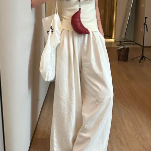 White Wide-Leg Pants for Women - Loose Fit Casual Summer Trousers - Relaxed Korean Style 2025 Fashion