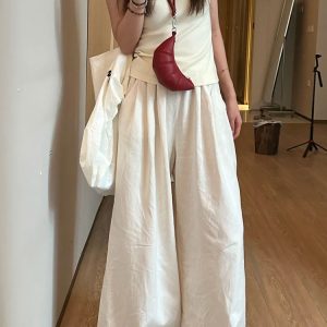 White Wide-Leg Pants for Women - Loose Fit Casual Summer Trousers - Relaxed Korean Style 2025 Fashion