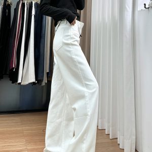 White Wide-Leg Pants for Women - Summer 2025 Thin Straight-Leg Jeans, Plus Size for Curvy Figures, Flattering Fit for Petites