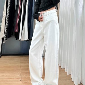 White Wide-Leg Pants for Women - Summer 2025 Thin Straight-Leg Jeans, Plus Size for Curvy Figures, Flattering Fit for Petites