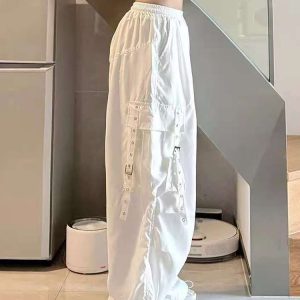 White Wide-Leg Work Pants for Women - Casual Hip-Hop Street Dance Style, Loose Fit, Floor-Length Sports Trousers