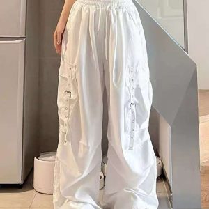 White Wide-Leg Work Pants for Women - Casual Hip-Hop Street Dance Style, Loose Fit, Floor-Length Sports Trousers