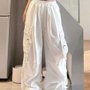 White Wide-Leg Work Pants for Women - Casual Hip-Hop Street Dance Style, Loose Fit, Floor-Length Sports Trousers
