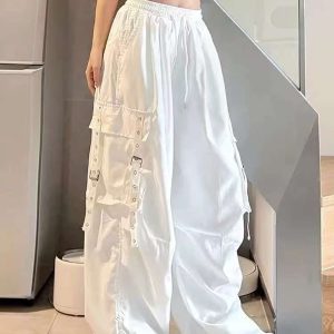 White Wide-Leg Work Pants for Women - Casual Hip-Hop Street Dance Style, Loose Fit, Floor-Length Sports Trousers
