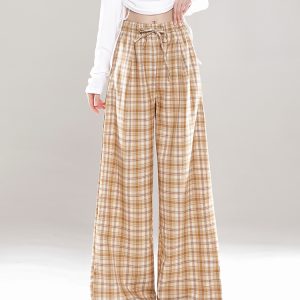 Wide-Leg Plaid Casual Pants for Women - Spring Summer Loose BF Style, Draping Straight Long Trousers, Trendy 90s Inspired