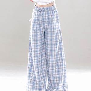 Wide-Leg Plaid Casual Pants for Women - Spring Summer Loose BF Style, Draping Straight Long Trousers, Trendy 90s Inspired