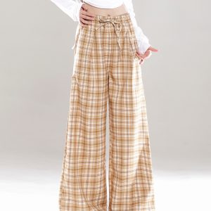 Wide-Leg Plaid Casual Pants for Women - Spring Summer Loose BF Style, Draping Straight Long Trousers, Trendy 90s Inspired