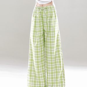 Wide-Leg Plaid Casual Pants for Women - Spring Summer Loose BF Style, Draping Straight Long Trousers, Trendy 90s Inspired