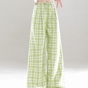 Wide-Leg Plaid Casual Pants for Women - Spring Summer Loose BF Style, Draping Straight Long Trousers, Trendy 90s Inspired