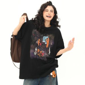 Wild A-Zi Short Sleeve T-Shirt for Women with American Vintage Cartoon Print - Casual Loose-Fit Round Neck Top for Trendy Style