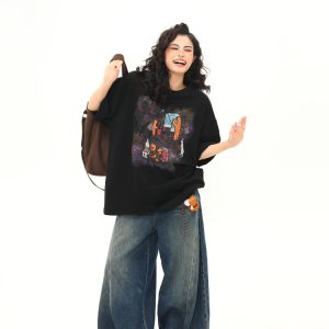 Wild A-Zi Short Sleeve T-Shirt for Women with American Vintage Cartoon Print - Casual Loose-Fit Round Neck Top for Trendy Style