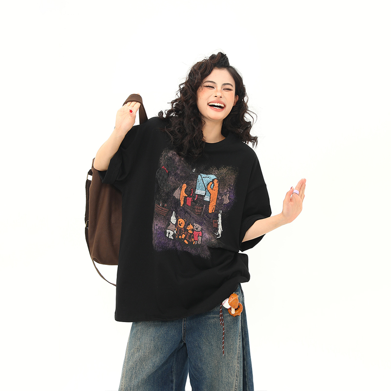 Wild A-Zi Short Sleeve T-Shirt for Women with American Vintage Cartoon Print - Casual Loose-Fit Round Neck Top for Trendy Style