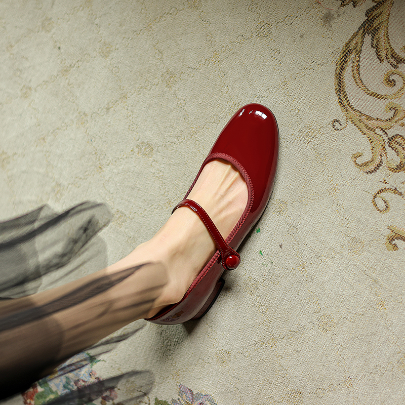 Wine Red French-Style Mary Jane Shoes for Women, Low-Heeled Flats, Chinese Artistic Design, Sweet Wedding Footwear