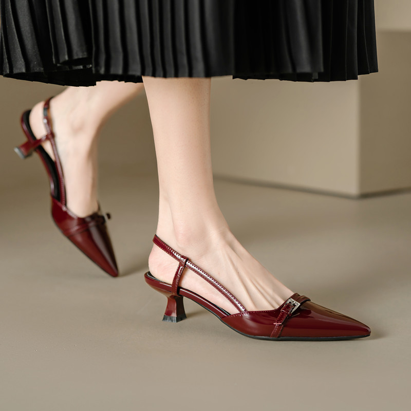 Wine Red Patent Leather Cat Heel Sandals - Vintage Closed Toe, Pointed Toe Design, Italian Style Low Heels