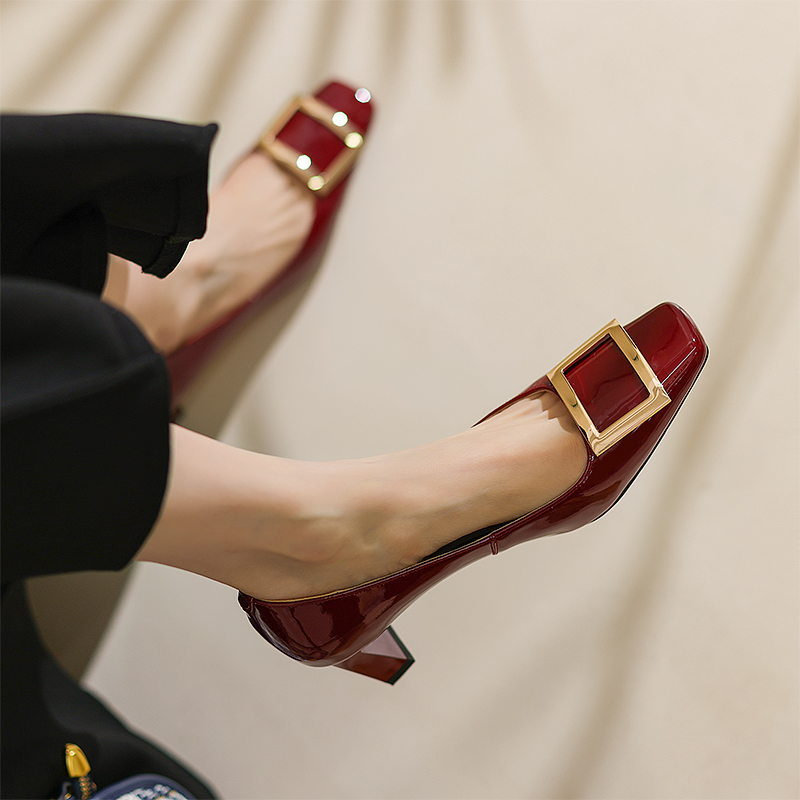 Wine Red Patent Leather High Heels for Women - Chunky Heel, Shallow Mouth, Square Buckle - Stylish Italian Design