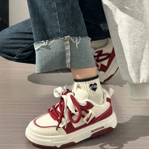 Wine Red Women's Sneakers - Summer Mesh Breathable Thick-Soled Board Shoes - Trendy Casual Style for Women