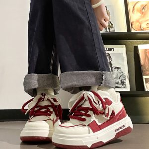 Wine Red Women's Sneakers - Summer Mesh Breathable Thick-Soled Board Shoes - Trendy Casual Style for Women