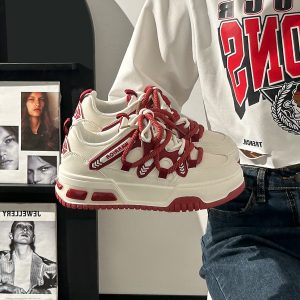 Wine Red Women's Sneakers - Summer Mesh Breathable Thick-Soled Board Shoes - Trendy Casual Style for Women