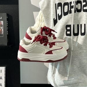 Wine Red Women's Sneakers - Summer Mesh Breathable Thick-Soled Board Shoes - Trendy Casual Style for Women