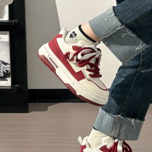 Wine Red Women's Sneakers - Summer Mesh Breathable Thick-Soled Board Shoes - Trendy Casual Style for Women