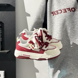 Wine Red Women's Sneakers - Summer Mesh Breathable Thick-Soled Board Shoes - Trendy Casual Style for Women