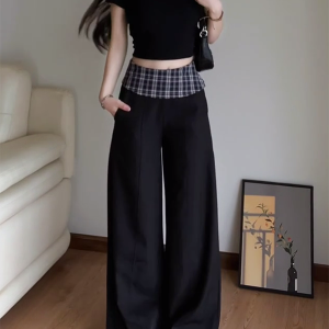 Women's 2025 American Retro Plaid Patchwork Cargo Pants - Loose Wide-Leg Casual Trousers for Y2K and Vintage Style