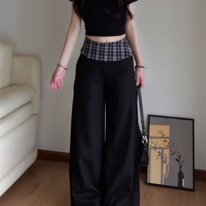 Women's 2025 American Retro Plaid Patchwork Cargo Pants - Loose Wide-Leg Casual Trousers for Y2K and Vintage Style