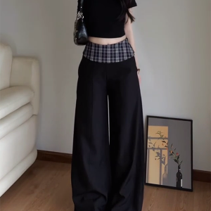 Women's 2025 American Retro Plaid Patchwork Cargo Pants - Loose Wide-Leg Casual Trousers for Y2K and Vintage Style