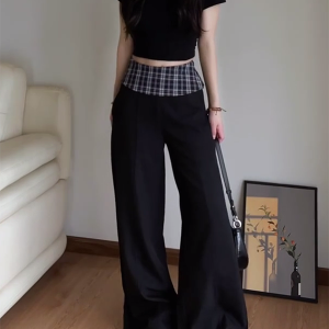 Women's 2025 American Retro Plaid Patchwork Cargo Pants - Loose Wide-Leg Casual Trousers for Y2K and Vintage Style