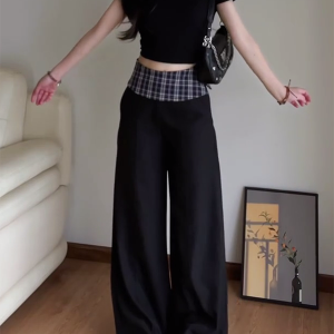 Women's 2025 American Retro Plaid Patchwork Cargo Pants - Loose Wide-Leg Casual Trousers for Y2K and Vintage Style