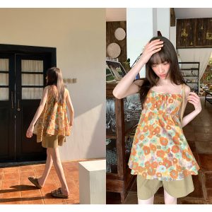 Women's A-Line Camisole with Oil Painting Print - Summer 2025 Korean Casual Vacation Top