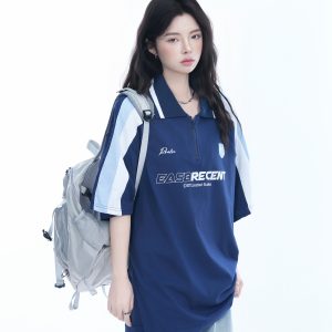 Women's American College Style Half-Zip Collar Short Sleeve T-Shirt - Loose Fit Summer Sports Top