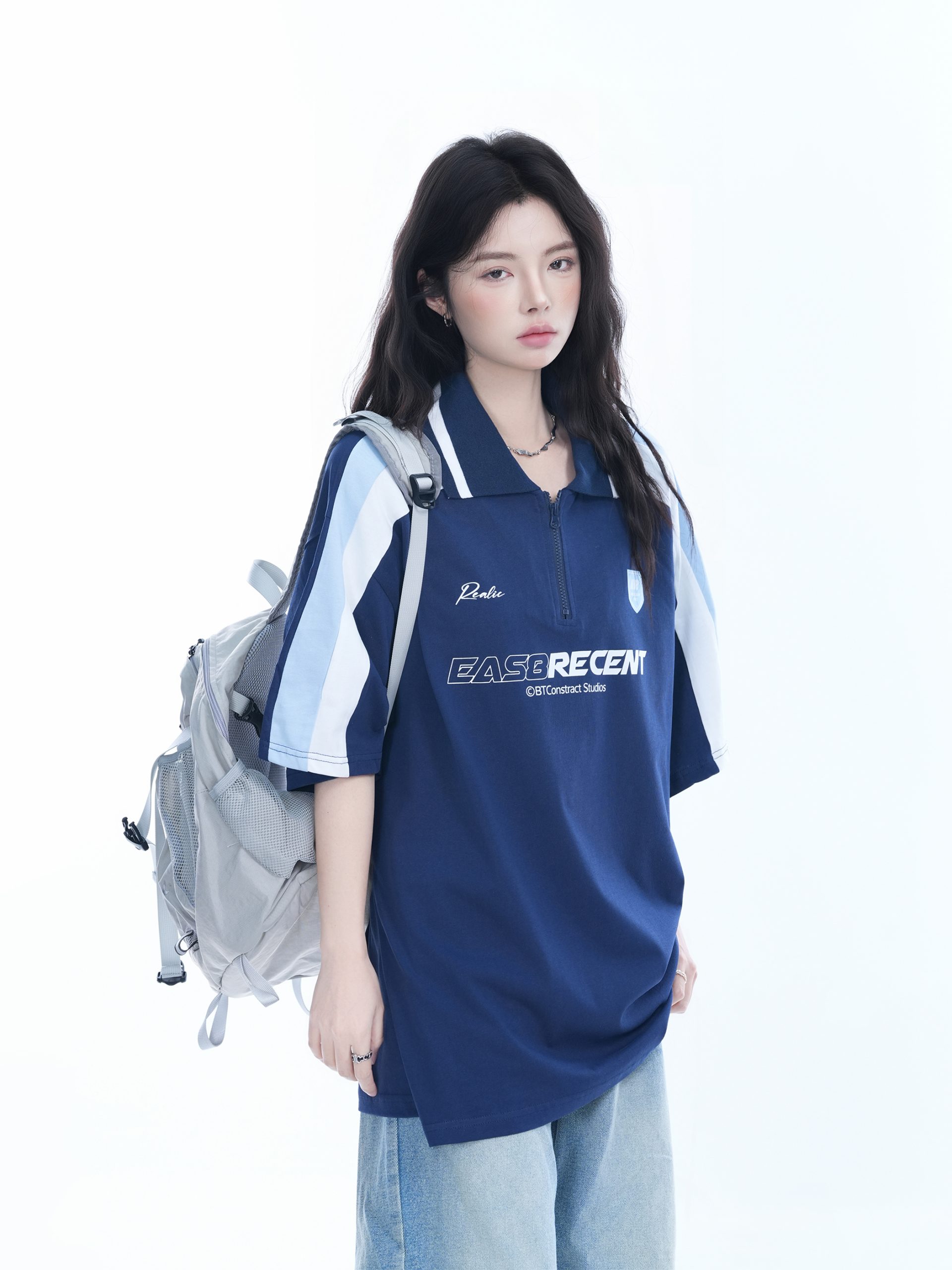 Women's American College Style Half-Zip Collar Short Sleeve T-Shirt - Loose Fit Summer Sports Top Women's American College Style Half-Zip Collar Short Sleeve T-Shirt - Loose Fit Summer Sports Top