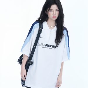 Women's American College Style Half-Zip Collar Short Sleeve T-Shirt - Loose Fit Summer Sports Top