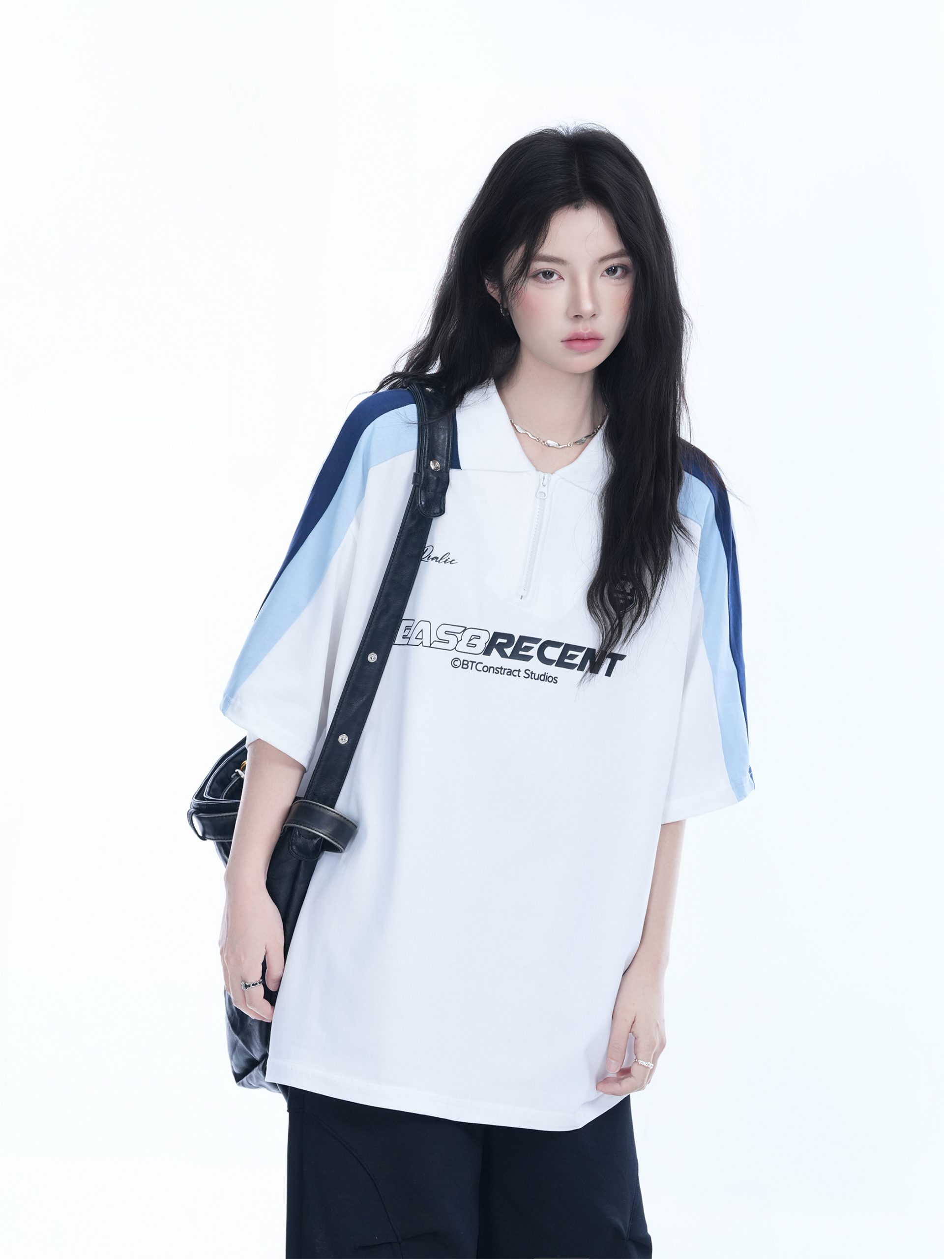 Women's American College Style Half-Zip Collar Short Sleeve T-Shirt - Loose Fit Summer Sports Top Women's American College Style Half-Zip Collar Short Sleeve T-Shirt - Loose Fit Summer Sports Top