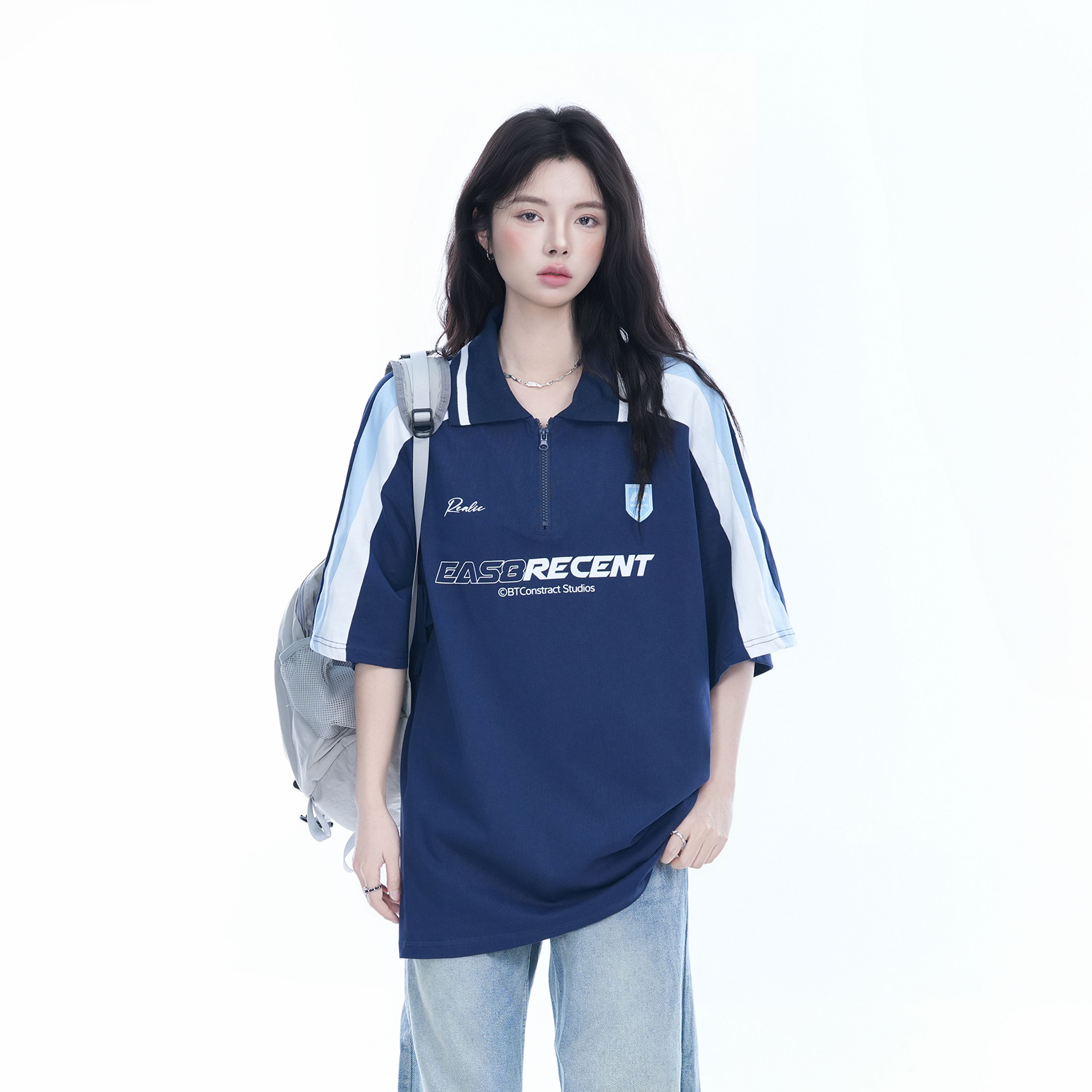 Women's American College Style Half-Zip Collar Short Sleeve T-Shirt - Loose Fit Summer Sports Top