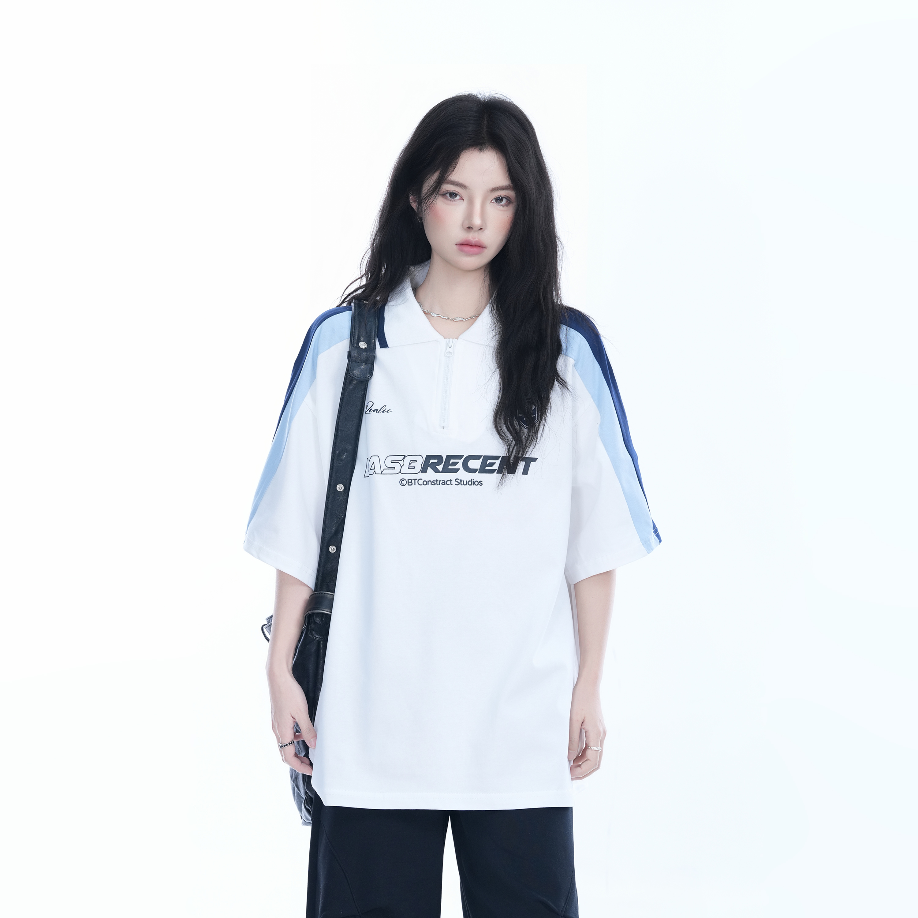 Women's American College Style Half-Zip Collar Short Sleeve T-Shirt - Loose Fit Summer Sports Top Women's American College Style Half-Zip Collar Short Sleeve T-Shirt - Loose Fit Summer Sports Top