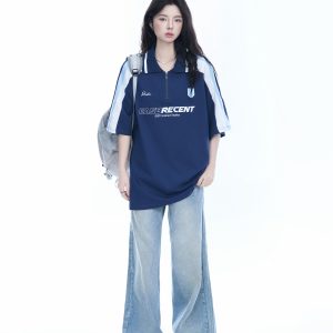 Women's American College Style Half-Zip Collar Short Sleeve T-Shirt - Loose Fit Summer Sports Top