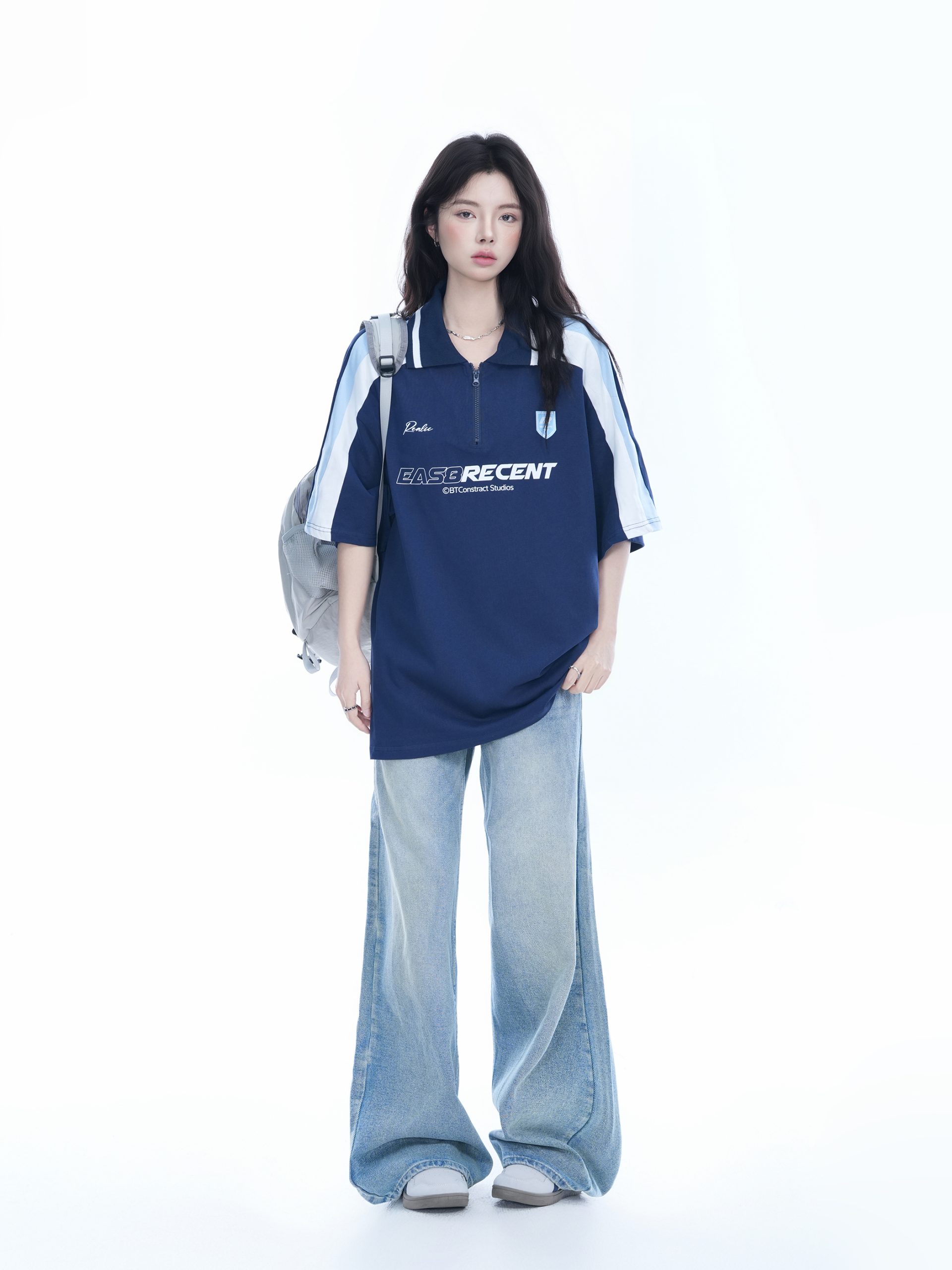 Women's American College Style Half-Zip Collar Short Sleeve T-Shirt - Loose Fit Summer Sports Top Women's American College Style Half-Zip Collar Short Sleeve T-Shirt - Loose Fit Summer Sports Top