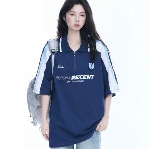 Women's American College Style Half-Zip Collar Short Sleeve T-Shirt - Loose Fit Summer Sports Top
