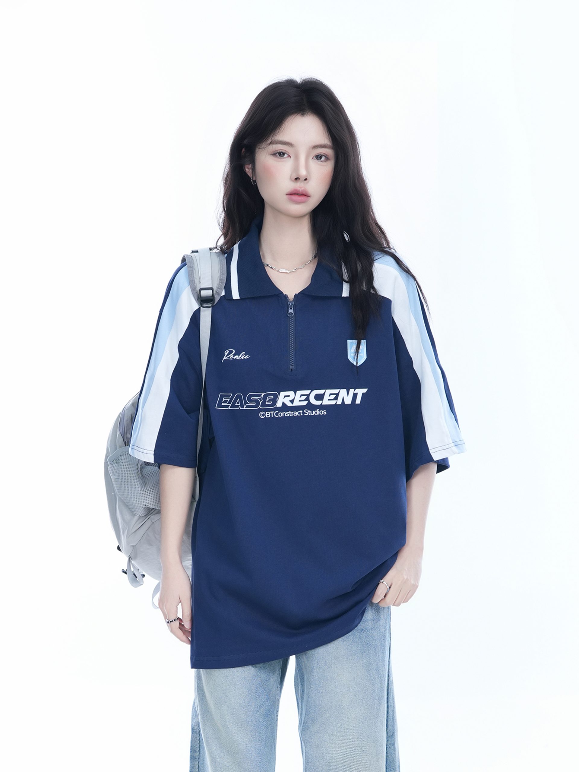 Women's American College Style Half-Zip Collar Short Sleeve T-Shirt - Loose Fit Summer Sports Top Women's American College Style Half-Zip Collar Short Sleeve T-Shirt - Loose Fit Summer Sports Top