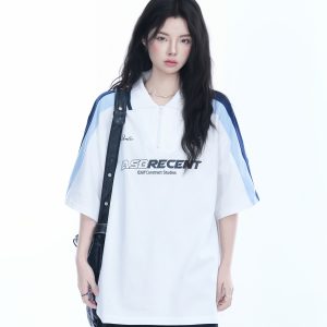 Women's American College Style Half-Zip Collar Short Sleeve T-Shirt - Loose Fit Summer Sports Top