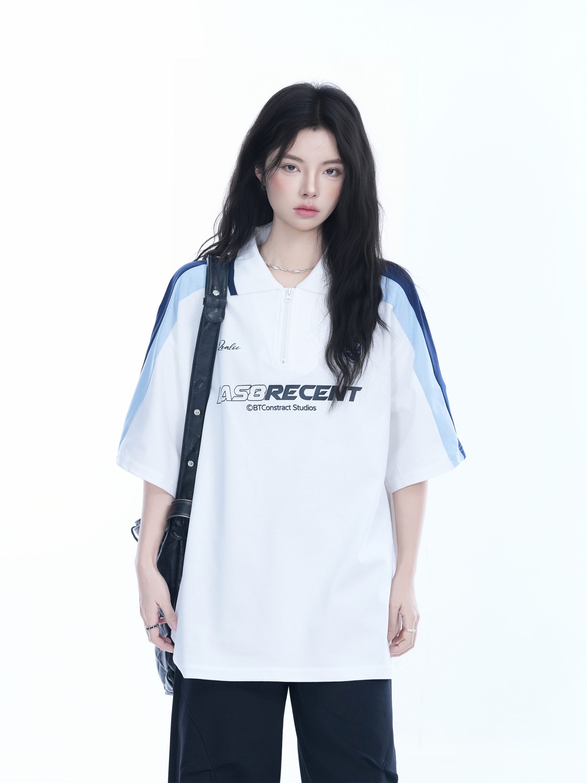 Women's American College Style Half-Zip Collar Short Sleeve T-Shirt - Loose Fit Summer Sports Top Women's American College Style Half-Zip Collar Short Sleeve T-Shirt - Loose Fit Summer Sports Top