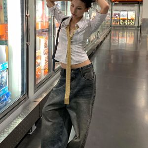 Women's American College Style Striped Mid-Sleeve Lapel Shirt Jacket - Slim Fit Trendy Spring Top