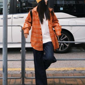 Women's American Plaid Long Sleeve Shirt with Polo Collar, Loose Casual Spring Jacket for Sun Protection, Couples Style