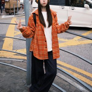 Women's American Plaid Long Sleeve Shirt with Polo Collar, Loose Casual Spring Jacket for Sun Protection, Couples Style